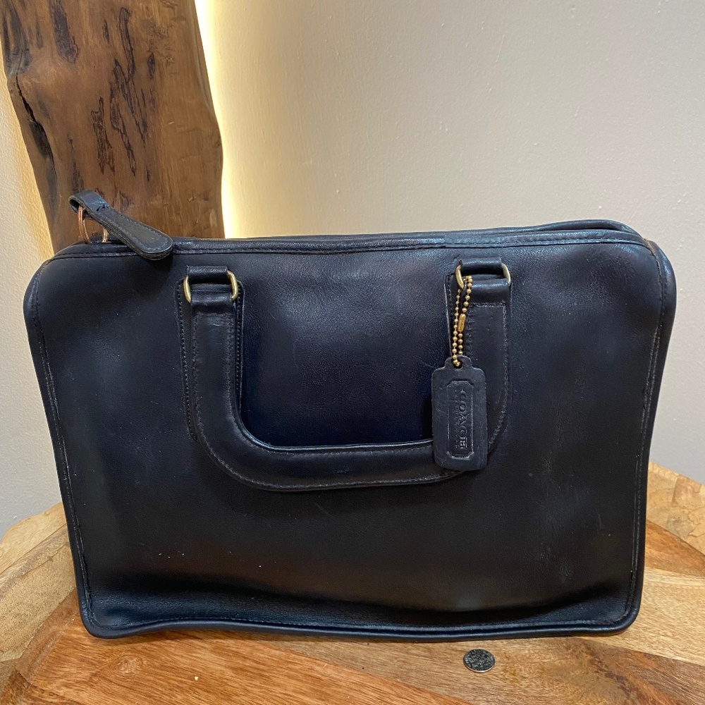 Vintage Coach Navy Leather  Slim Satchel   13" x 7.5" x 2.5"